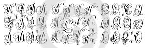 Calligraphy letters set M, N and O, script font