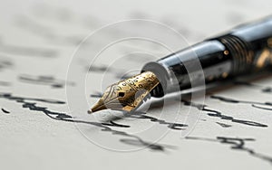 Calligraphy Pen With a Sheet of Handwritten Paper. Classic Fountain Pen