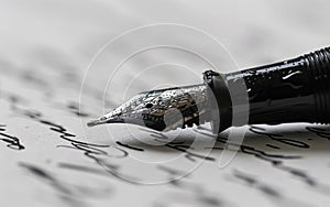 Calligraphy Pen With a Sheet of Handwritten Paper. Classic Fountain Pen