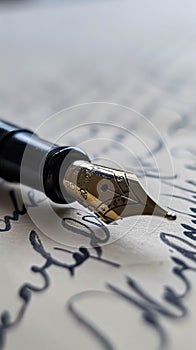 Calligraphy Pen With a Sheet of Handwritten Paper. Classic Fountain Pen