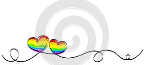 Calligraphy Rainbow Heart Ribbon on White background. LGBT Pride Month. Lesbian, gay, bisexual, transgender love symbols.