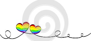 Calligraphy Rainbow Heart Ribbon on White background. LGBT Pride Month. Lesbian, gay, bisexual, transgender love symbols photo
