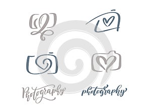 Calligraphy set of camera photography logo icon vector template calligraphic inscription photography text Isolated on