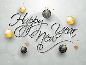 Calligraphy text Happy New Year on grey background decorated wit