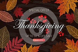 Calligraphy of Thanksgiving Day Sale banner. Seasonal lettering, vector illustration.