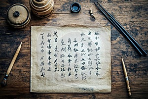 Calligraphy tools and ancient script on a wooden table in an artistic workspace. Generative AI