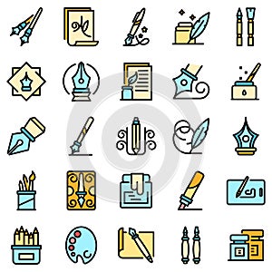 Calligraphy tools icons set vector flat