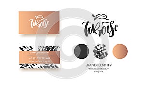 Calligraphy `tortoise` inscription with hand drawn turtle - luxury logo design. Couple business card designs included