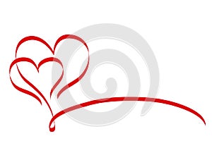 Calligraphy Two Red Heart Ribbon on White, Vector Stock Illustration