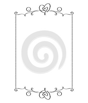 Calligraphy vector rectangular ornamental frame with hearts. Valentine Day decorative ornament for decoration text