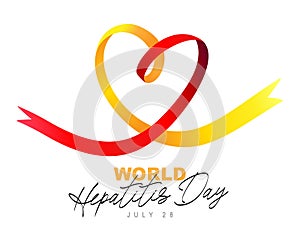 Calligraphy - World Hepatitis Day, July 28. Red and yellow ribbon of awareness folded in the shape of a heart. Inflammatory liver