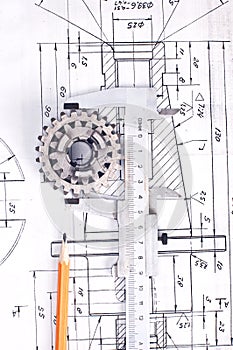 Calliper with part on Engineering drawing