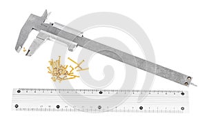 callipers, metallic ruler and lot of brass screws photo