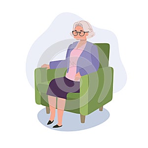 Calm Aging Woman Lounging Comfortably on the couch. Senior Lady Relaxing on Sofa. Flat vector cartoon illustration