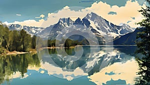 Calm Amidst the Peaks: A Serene Mountain Lake with Pristine Reflections of Nature, Generative AI photo