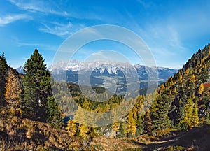 Calm autumn Alps mountain lake with clear transparent water and reflections. Untersee lake, Reiteralm, Steiermark, Austria