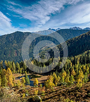 Calm autumn Alps mountain lake with clear transparent water and reflections. Untersee lake, Reiteralm, Steiermark, Austria