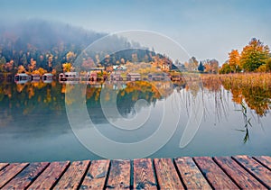 Calm autumn scene of Altausseer See lake. Amazing morning view of Altaussee village, district of Liezen in Styria, Austria