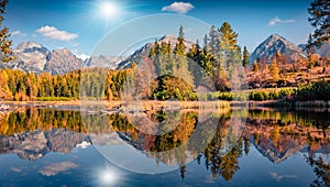 Calm  autumn view of Strbske pleso lake