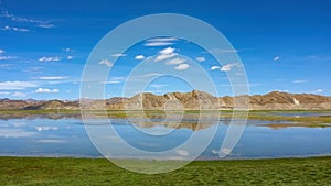 The calm and beautiful lake at the foot of the mountain reflects the blue sky, white clouds and mountains