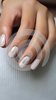 Calm beauty delicate nail design with shiny gold stripes, beautiful female hands with well-groomed neutral manicure