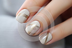Calm beauty delicate nail design with shiny gold stripes, beautiful female hands with well-groomed neutral manicure