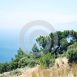 Calm blue sea and clear sky. Spring sunny day.