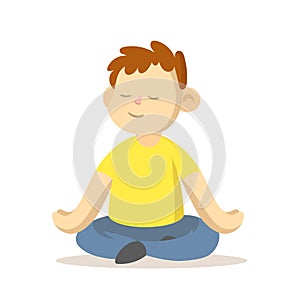 Calm boy maditating in lotus position, cartoon character design. Flat vector illustration, isolated on white background.