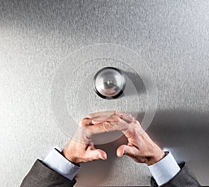 Calm businessman next to customer ring for patience and assistance