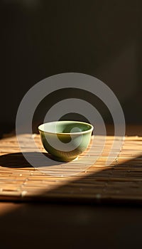 Single Green Tea Cup on Bamboo Mat