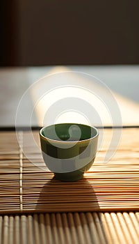 Single Green Tea Cup on Bamboo Mat