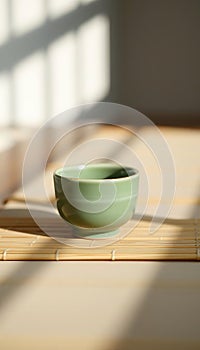 Single Green Tea Cup on Bamboo Mat