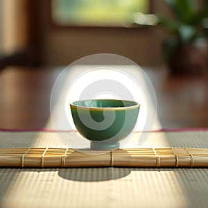 Single Green Tea Cup on Bamboo Mat