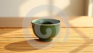 Single Green Tea Cup on Bamboo Mat