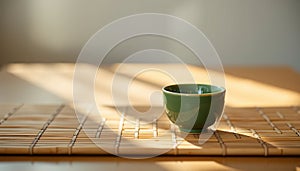 Single Green Tea Cup on Bamboo Mat
