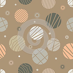 Calm colorful circles with striped and waves decoration on a beige background. Seamless abstract geometry pattern.