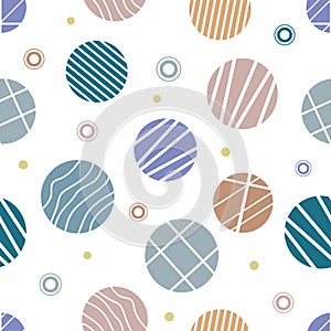 Calm colorful circles with striped and waves decoration on a white background. Seamless geometry pattern.