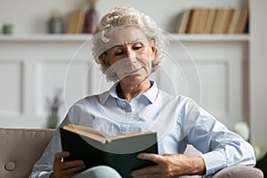 Calm concentrated old lady reading book on couch at home