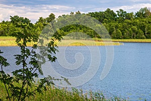 calm countryside lake river with cloud reflections in water and green shores