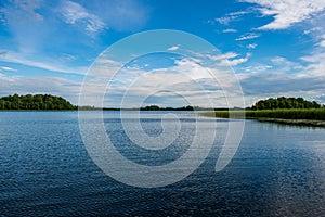 calm countryside lake river with cloud reflections in water and green shores