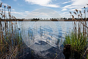 calm countryside lake river with cloud reflections in water and green shores