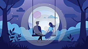 In the calm of the countryside two people sit on a swing deep in conversation under the ethereal glow of the moon