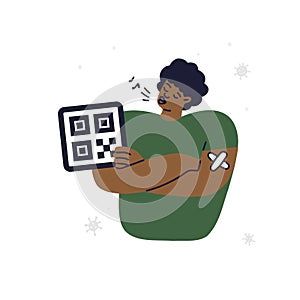 Calm Covid-19 vaccinated African American male holding the QR-code. Vaccination patch on his shoulder, whistling a tune