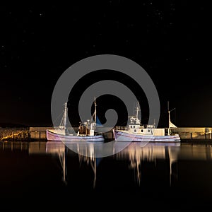 A calm dark night with two old fishing boats at the harbor