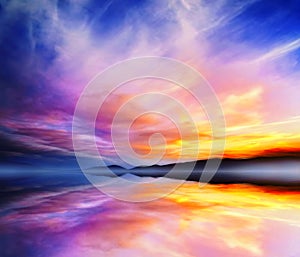 Calm Dramatic Landscape.Sunset Colors Lake Reflection photo