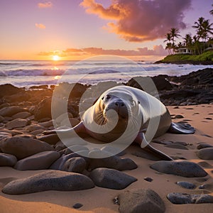 Calm at Dusk: A Monk Seal\'s Sunset Journey photo