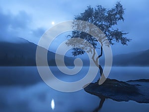 A calm, eerie lake in the moonlight with a single tree