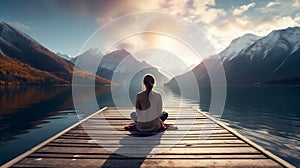 Calm evening meditation scene of a young woman is meditating while sitting on wooden pier outdoors with beautiful lake and