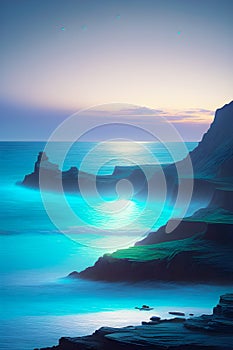 Calm evening view of the beach with mountain cliffs at twlight generative ai