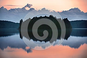 Calm evening view of lake and island